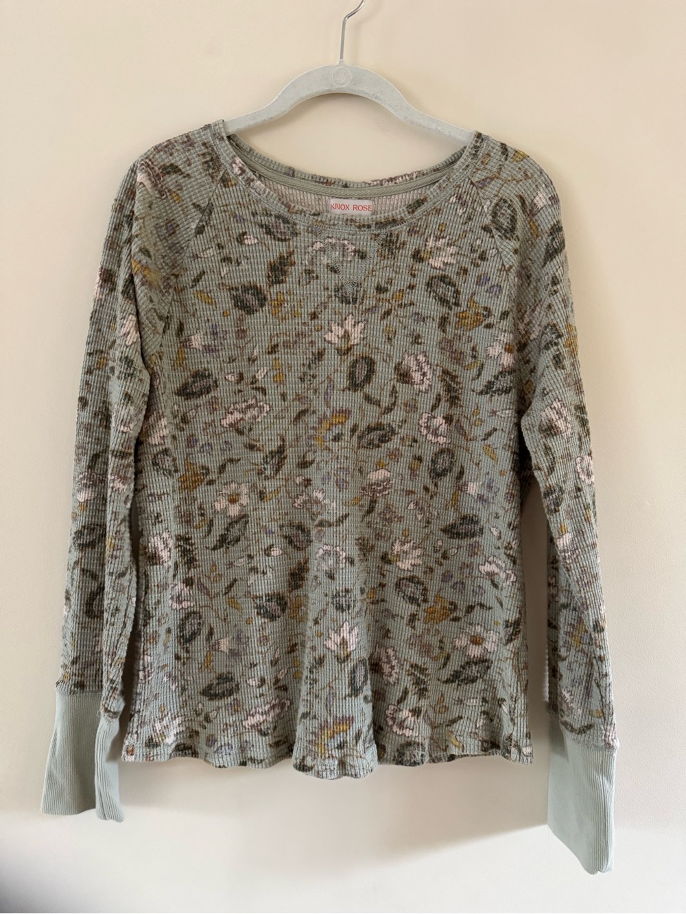 Knox Rose Sage Floral Waffle-Knit Long Sleeve Top